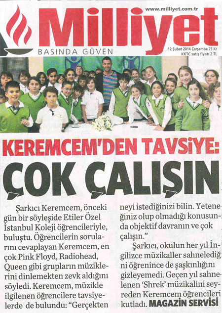Milliyet Gazetesi , Kerem Cem �stanbul Koleji'nde
					
